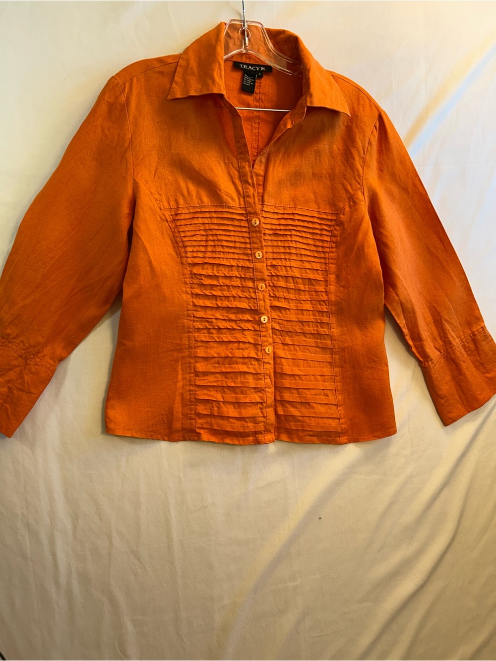 Tracy M 100% Linen Pintuck Button down 3/4 sleeve blouse. Orange , Size L